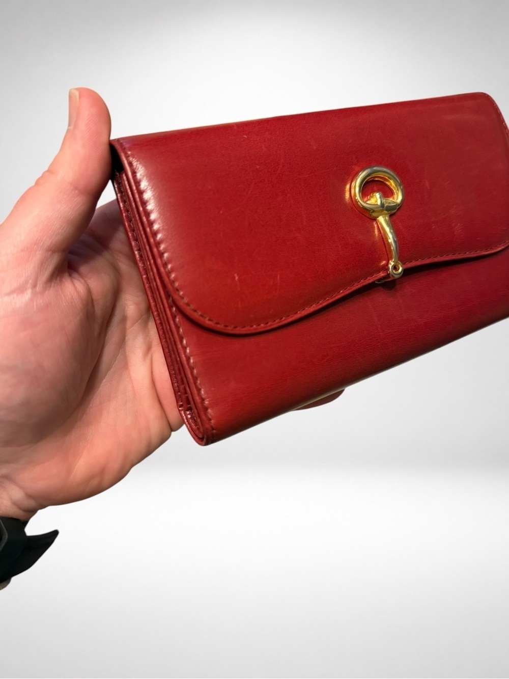 Gucci Vintage Authentic Red Leather Wallet Chain Crossbody Clutch Horsebit COA - Picture 6 of 16